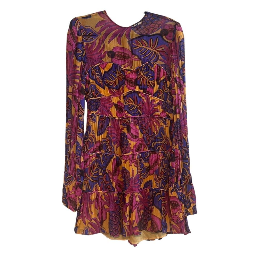 Farm Rio Anthropologie Fruit Dream Tropical Leaf Print Long Sleeve Mini Dress S - Picture 2 of 11